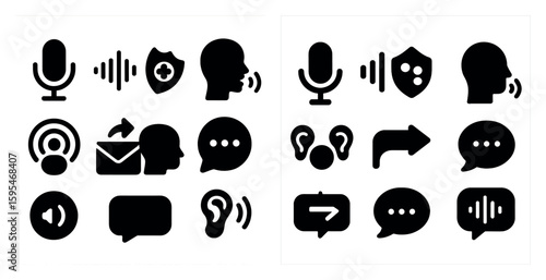 Collection of icons for various communication devices, such as microphones, earbuds, and cell phones. The icons are all black and white, and they are arranged in a grid-like pattern