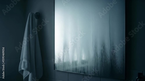 An atmospheric shot of a steamy bathroom mirror covered in condensation after a hot shower, with light reflections slowly appearing as the steam clears