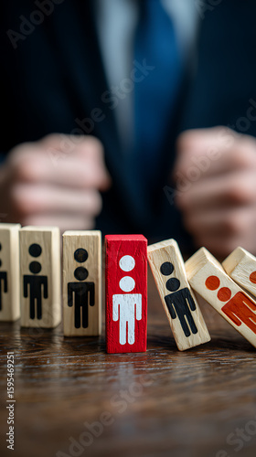 Red figure block stands firm amidst falling wooden figures domino effect business strategy