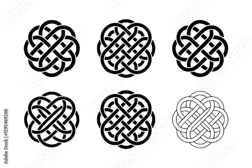 Celtic Knot Collection: Six variations of intricate black and white line art Celtic knot designs, perfect for logos, tattoos, or decorative elements.
