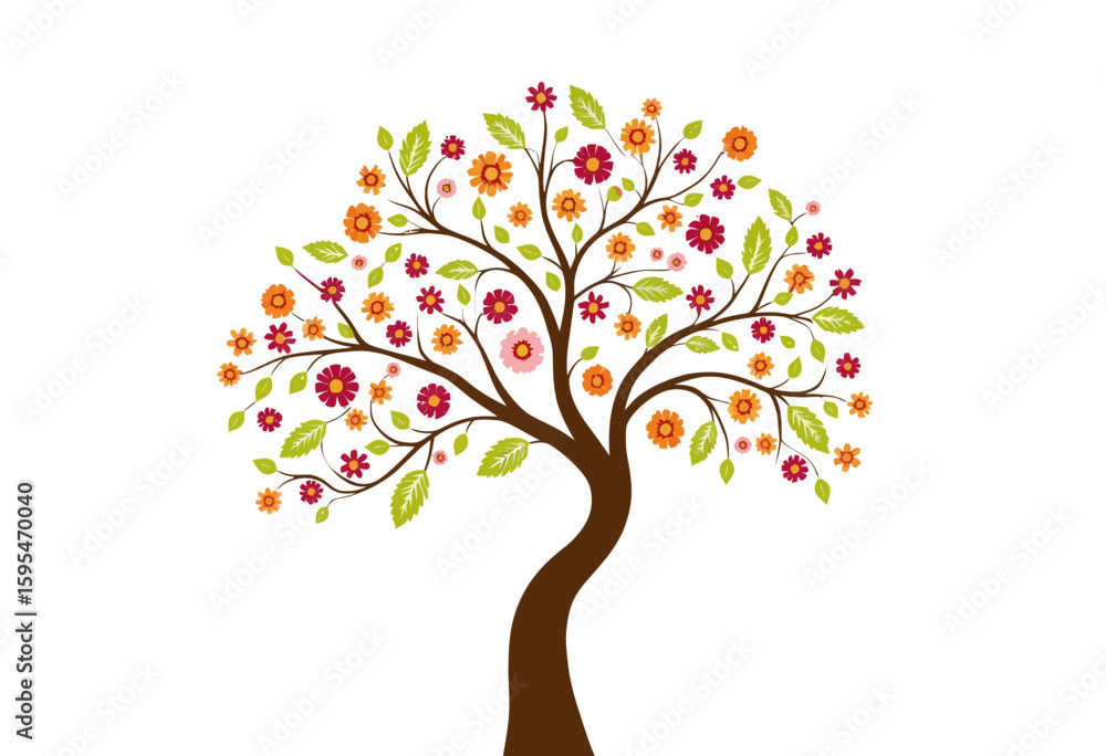 Obraz premium Colorful flowering tree with vibrant leaves and blossoms on white background