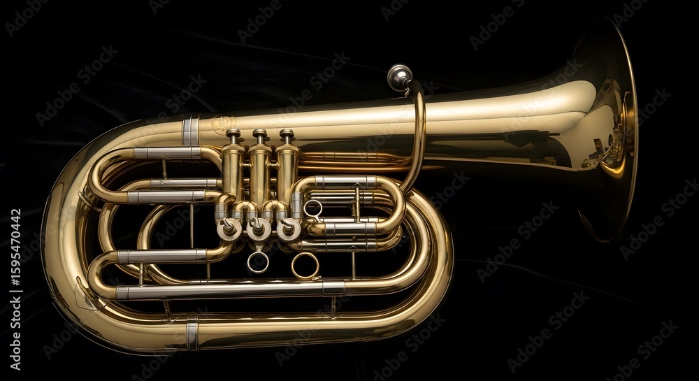 Fototapeta premium A golden euphonium is displayed against a black background in a studio