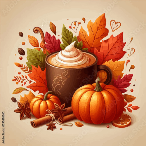 Seasonal autumn pumpkin spice latte cup with leaves vector illustration
