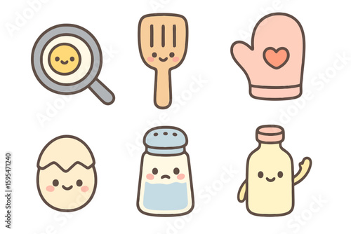 Cute kitchen vector icons for cooking apps or recipe sites. Includes egg, oil bottle and mitt on transparent PNG.