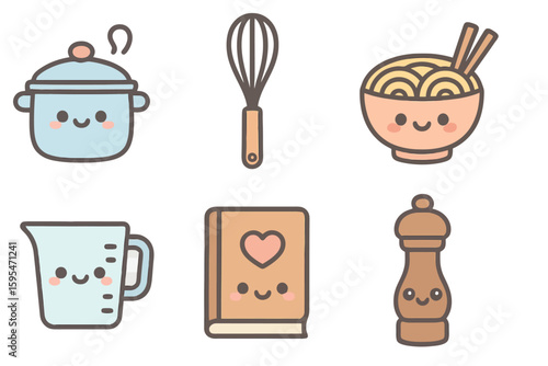 Cartoon cooking icons for food apps, with cute pot, whisk, noodle bowl and recipe book. Pastel vector design.