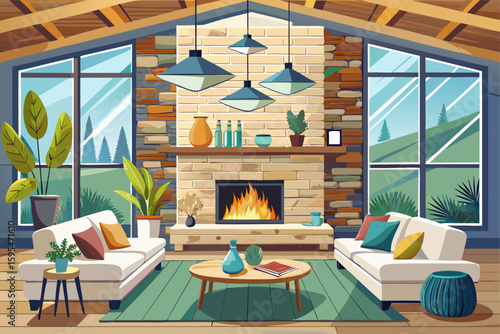 vector of Cozy and modern interior with fireplace and stone wall and modern white sofa and light wood decoration in a modern house.