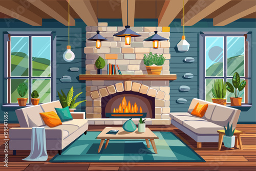 vector of Cozy and modern interior with fireplace and stone wall and modern white sofa and light wood decoration in a modern house.