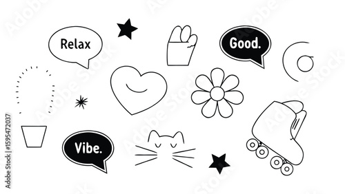 Black and white doodles of cat, heart, roller skates, and positive messages illustration
