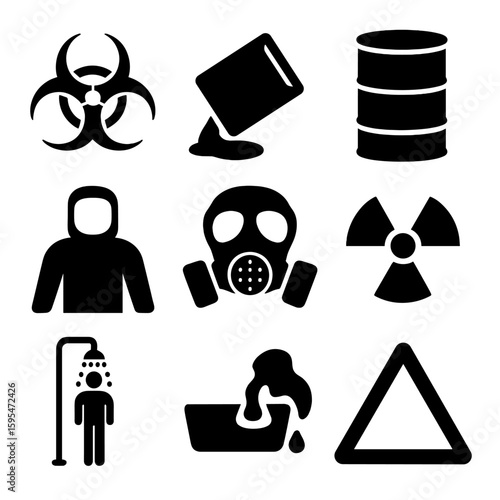 Hazard Safety Icons. Solid style icons of hazardous materials: biohazard symbol, chemical leak icon, hazard barrel, hazmat suit
