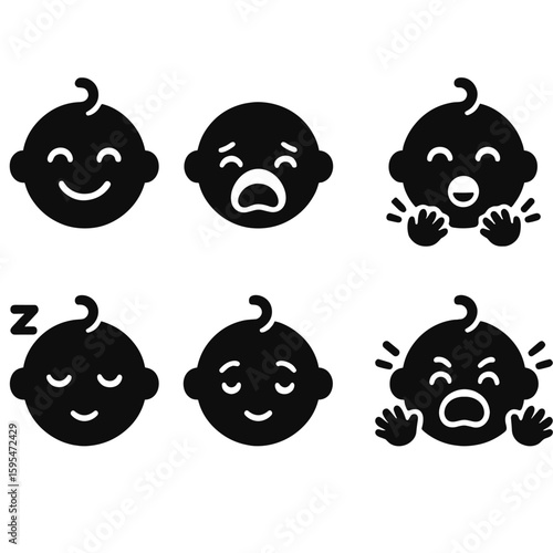 Baby Emotions Icons. Solid style icons of baby emotions: smiling baby icon, crying face, surprised baby, giggling baby, sleepy