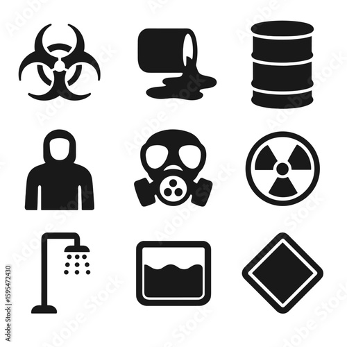 Hazard Safety Icons. Solid style icons of hazardous materials: biohazard symbol, chemical leak icon, hazard barrel, hazmat suit