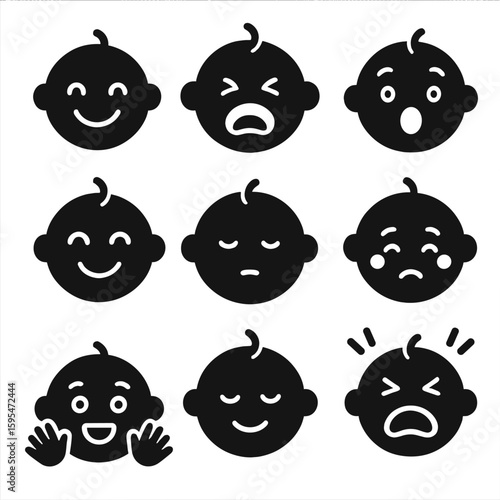 Baby Emotions Icons. Solid style icons of baby emotions: smiling baby icon, crying face, surprised baby, giggling baby, sleepy