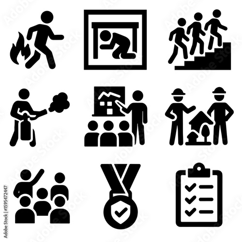 Emergency Drill Icons. Solid style icons of emergency drills and training: fire drill icon, earthquake drill poster, evacuation