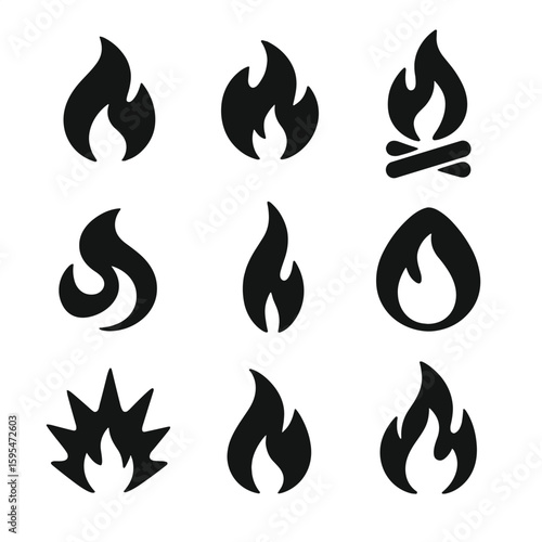 Solid Flame Icons. Solid style icons of flame symbols: single fire flame, twin flame silhouette, campfire blaze, stylized fire