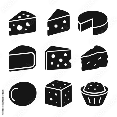 Variety of Cheese Icons. Solid style icons of cheese types: blue cheese wedge, cheddar slice, brie round, gouda block, Swiss