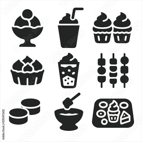 Dairy Party Treats. Solid style icons of dairy-based party treats: ice cream sundae, milkshake with straw, frosted cupcakes, cream