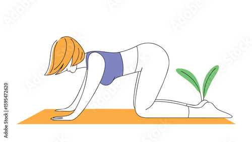 Woman practicing yoga in a cat pose with green leaves in a minimal style illustration
