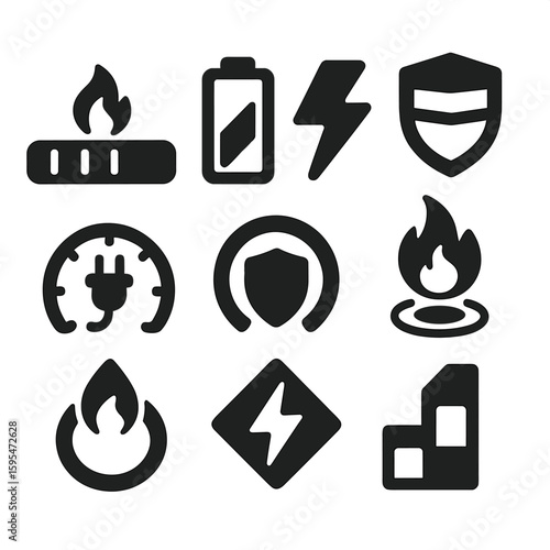 Energy Level Icons. Solid style icons of UI energy levels: full flame bar, partial charge bolt, shield durability meter, overheat