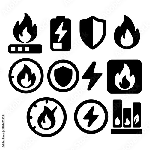 Energy Level Icons. Solid style icons of UI energy levels: full flame bar, partial charge bolt, shield durability meter, overheat