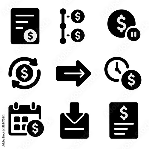 Transaction Icons Overview. Solid style icons of transaction tracking and history: transaction list, timeline of payments, pending