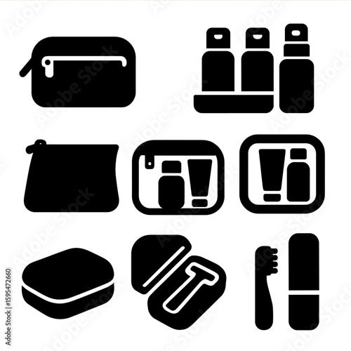 Hygiene Travel Essentials. Solid style icons of hygiene storage and travel: toiletry bag, organizer tray, travel-size bottles,