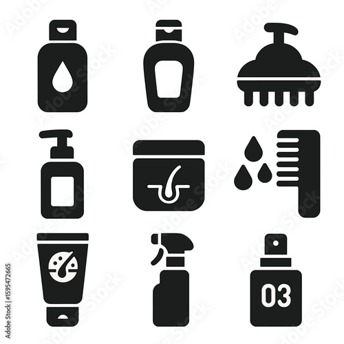 Hair Care Icons. Solid style icons of hair and scalp care: shampoo bottle, conditioner bottle, scalp massager, hair serum pump,