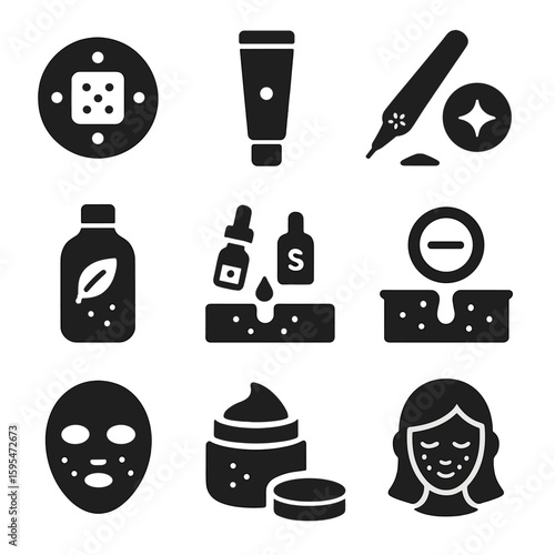 Acne Care Icons. Solid style icons of acne and blemish care: acne patch icon, pimple treatment tube, spot corrector, soothing gel,