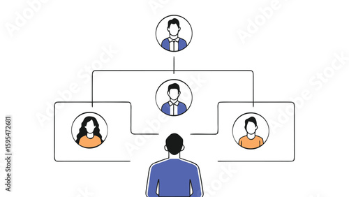 Team hierarchy with connected professionals in a flowchart structure illustration
