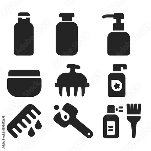 Hair Care Icons. Solid style icons of hair and scalp care: shampoo bottle, conditioner bottle, scalp massager, hair serum pump,