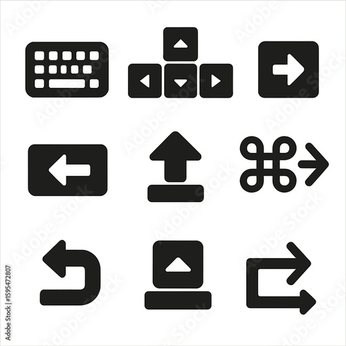 Keyboard Icon Set. Solid style icons of keyboard and system navigation: arrow keys icon, enter arrow, backspace arrow, shift with