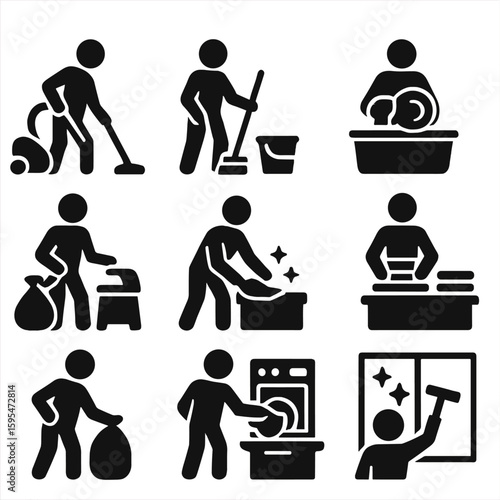 Household Chores Icons. Solid style icons of household chores: vacuuming floor, mopping with bucket, washing dishes, folding