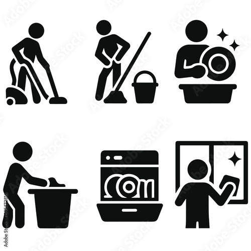 Household Chores Icons. Solid style icons of household chores: vacuuming floor, mopping with bucket, washing dishes, folding