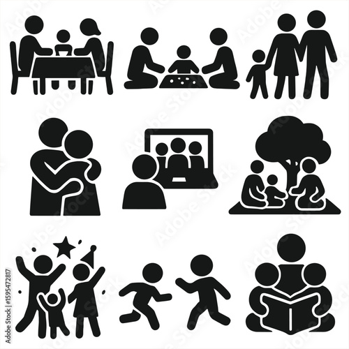 Family Moments Icons. Solid style icons of family life: family dinner, playing board games, walking together, hugging icon, video