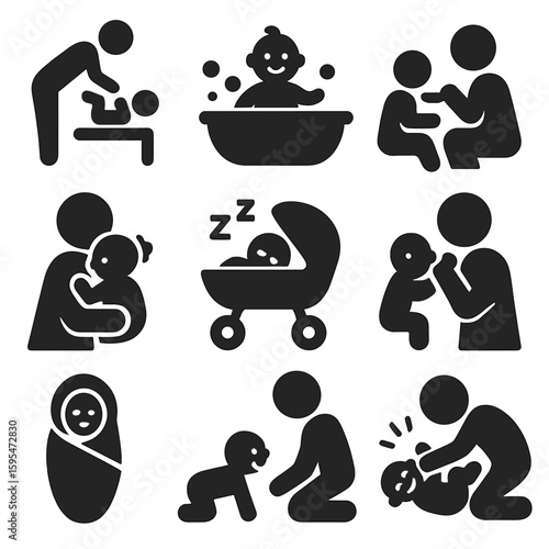 Baby Care Icons. Solid style icons of baby and toddler care: diaper change, baby bath, spoon feeding infant, burping baby,