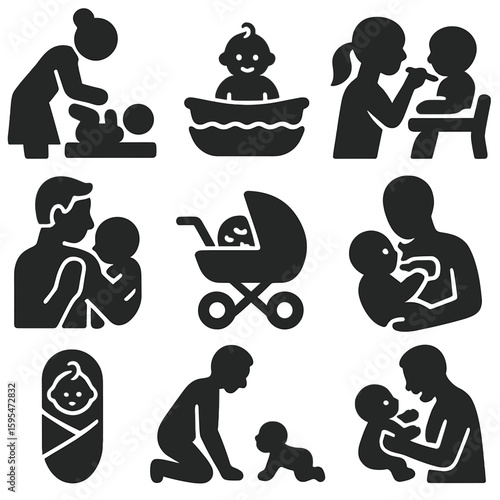 Baby Care Icons. Solid style icons of baby and toddler care: diaper change, baby bath, spoon feeding infant, burping baby,