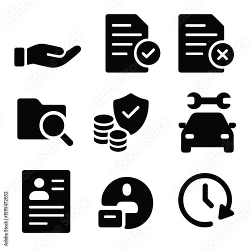 Insurance Claim Icons. Solid style icons of insurance claim process: hand with document, claim approval symbol, denied claim cross