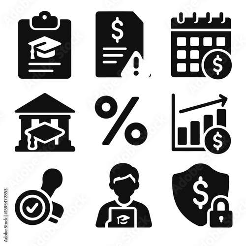 Student Loan Icons. Solid style icons of student loan processes: loan application icon, debt document with warning, repayment