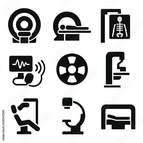 Medical Scanning Icons. Solid style icons of medical scanning equipment: MRI machine icon, CT scanner with patient, X-ray machine