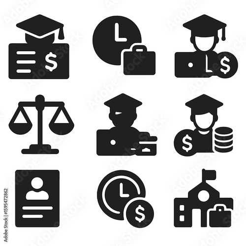 Student Income Icons. Solid style icons of income and student work: paycheck with cap, part-time job symbol, freelancer student