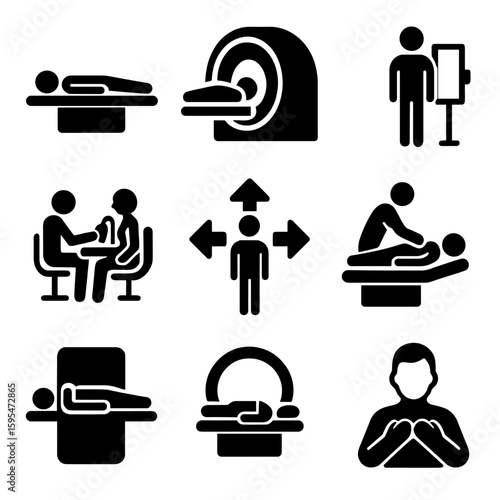 Medical Procedure Icons. Solid style icons of patient positioning and procedures: lying on scan table, entering MRI tube, standing