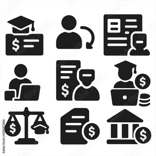 Student Income Icons. Solid style icons of income and student work: paycheck with cap, part-time job symbol, freelancer student