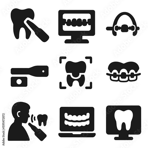 Dental Scanning Icons. Solid style icons of dental and orthodontic scanning: 3D tooth scanner, panoramic dental X-ray, bite scan