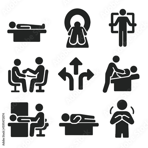 Medical Procedure Icons. Solid style icons of patient positioning and procedures: lying on scan table, entering MRI tube, standing