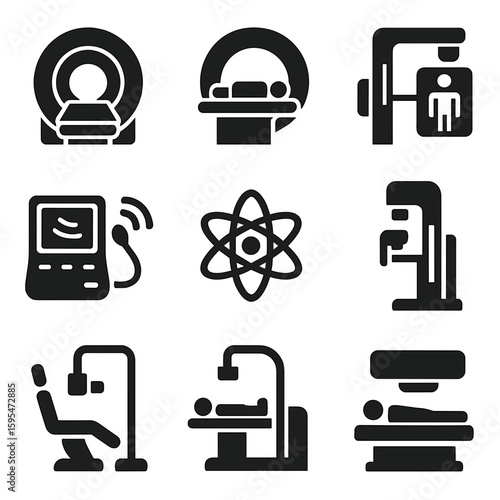 Medical Scanning Icons. Solid style icons of medical scanning equipment: MRI machine icon, CT scanner with patient, X-ray machine