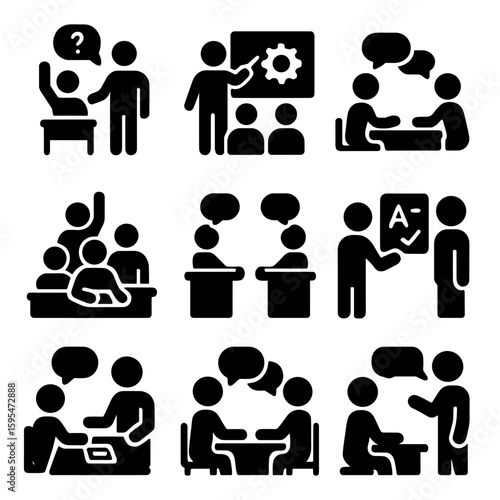 Educational Interaction Icons. Solid style icons of educational interactions: student asking question, teacher explaining concept,