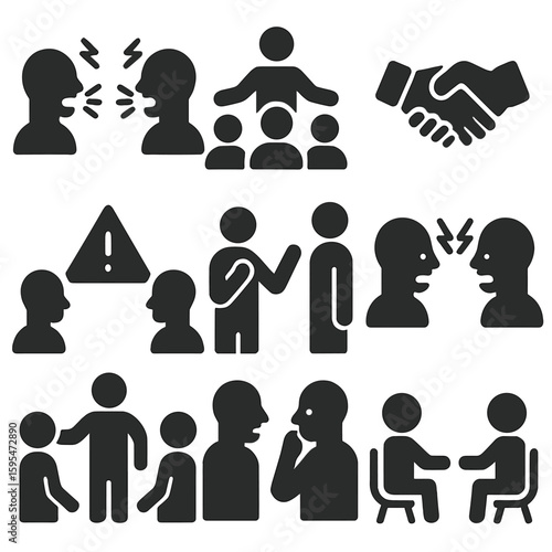 Conflict Resolution Icons. Solid style icons of conflict and resolution dialogues: argument with raised voices, mediator between