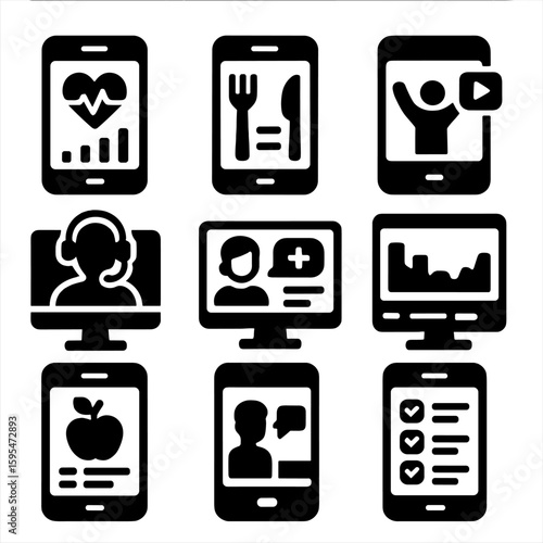 Health Tech Icons. Solid style icons of health-related digital tools: mobile app with wellness stats, meal planner interface,