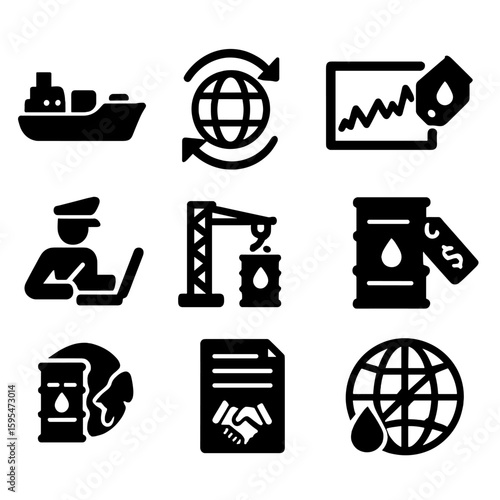 International Oil Trade Icons. Solid style icons of international oil trade and logistics: oil export cargo ship, global trade