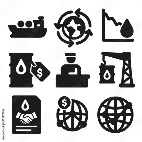 International Oil Trade Icons. Solid style icons of international oil trade and logistics: oil export cargo ship, global trade