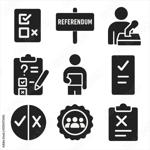 Referendum Icons Collection. Solid style icons of referendums and issue votes: yes/no option paper, referendum sign icon, decision